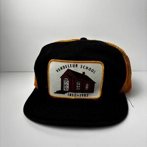 Vintage 1980s Vandeleur School Trucker Hat Snapback Cap Yellow Black Mesh
